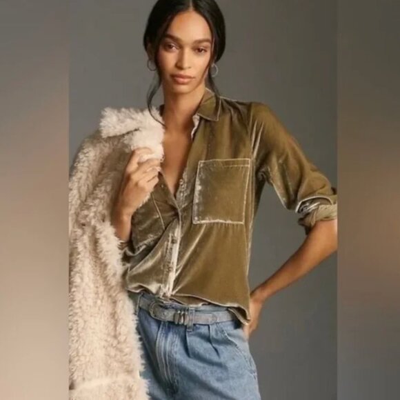 Pilcro Hadley Velvet Button-Down Shirt in Tan/ Sage Green - Picture 1 of 13